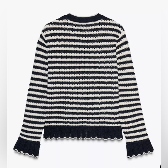 Zara Button Cardigan NWT Cotton Blend Black & White Stripes Scallop Details L - Picture 8 of 10
